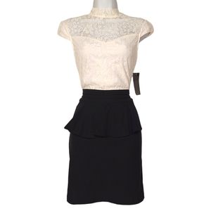 URBAN HEARTS Ivory Floral Lace Black Peplum Cap Sleeve Sheath Dress Large NWT